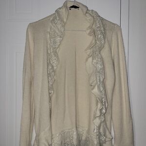 Open-Front Cream Lace Trim Cardigan Sweater